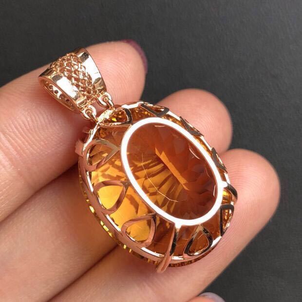 Citrine Pendant, Large Grain Crystals, All-clean Fire, Flashing S925 Silver, Gold-plated Inlaid