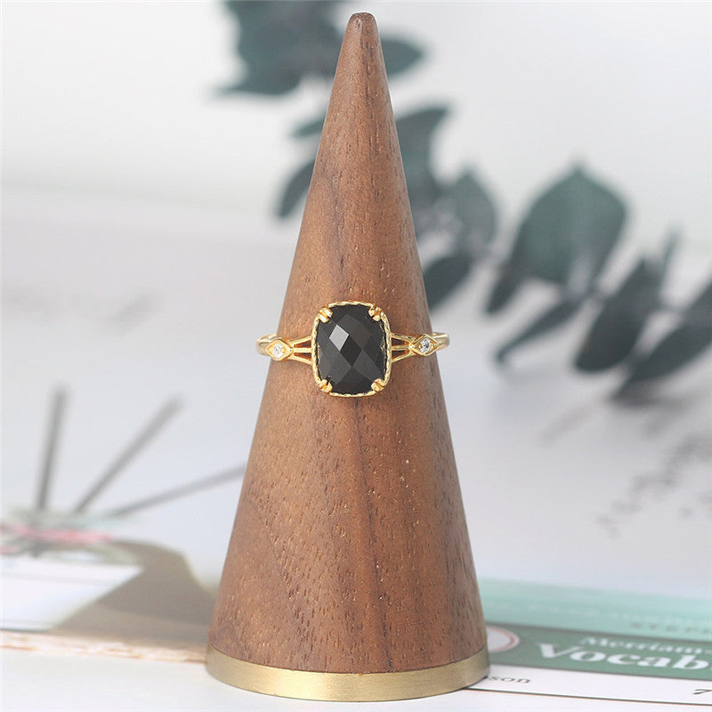 925 Sterling Silver Natural Square Black Agate Ring