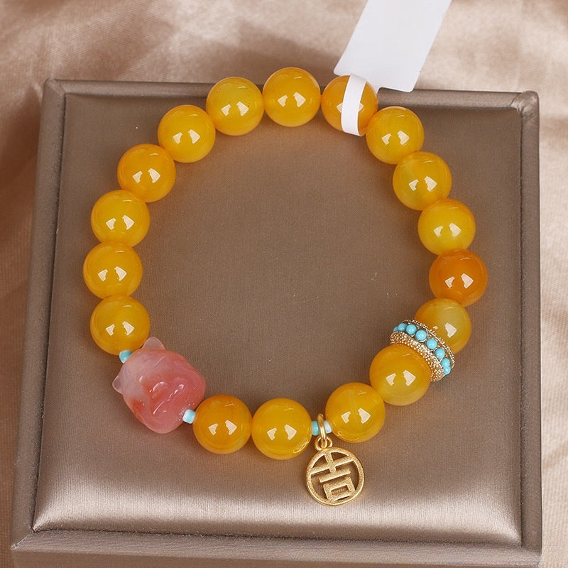 Natural Yellow Agate Single Circle Ball Women Bracelet Vintage