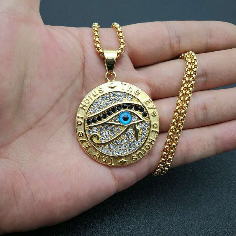 Titanium Steel Gold Plated Rhinestone Eye of Horus Pendant men Necklace