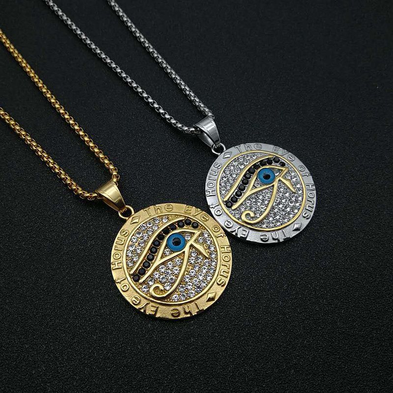 Titanium Steel Gold Plated Rhinestone Eye of Horus Pendant men Necklace