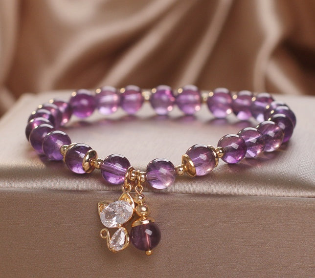 Natural Amethyst Female Cat Pendant Women Bracelet