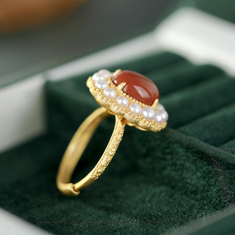 South Red Agate Pearl Embellished Embossed Women Ring