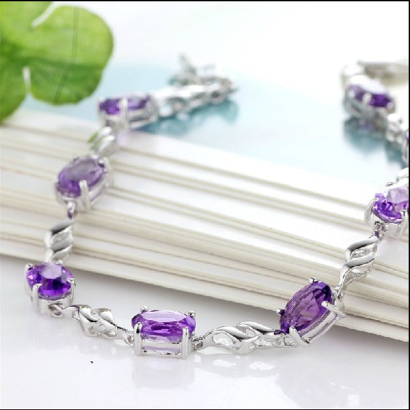 Simple Silver Plated Amethyst Women Bracelet