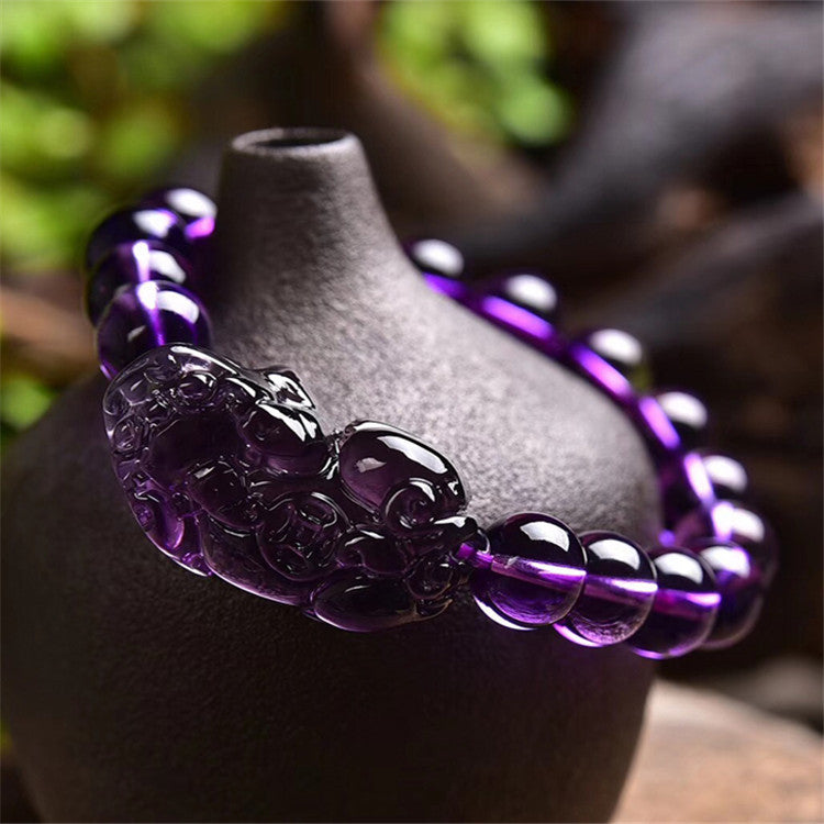 Amethyst Money Pixiu Round Bead Women Men Bracelet