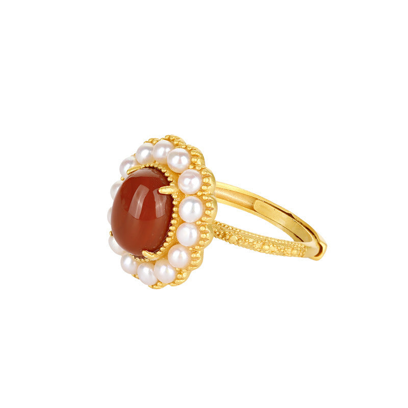 South Red Agate Pearl Embellished Embossed Women Ring