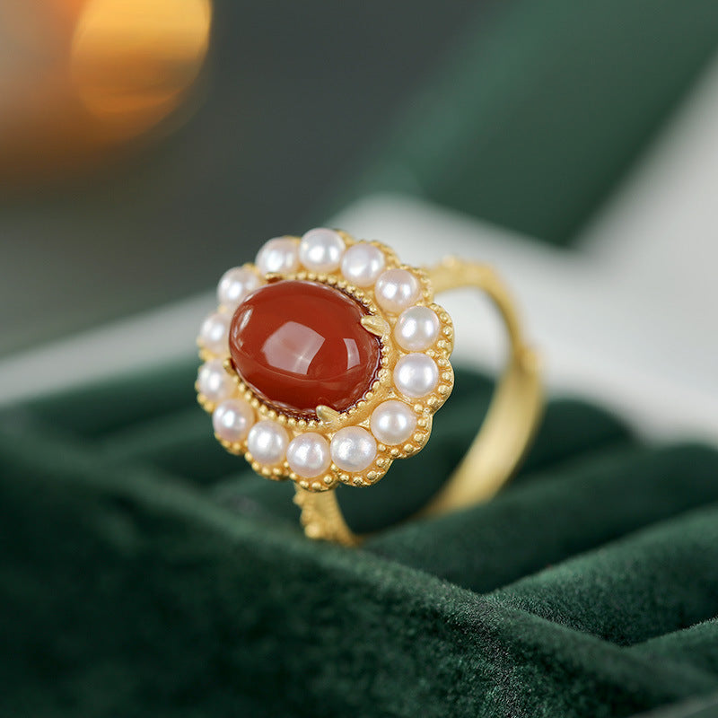 South Red Agate Pearl Embellished Embossed Women Ring