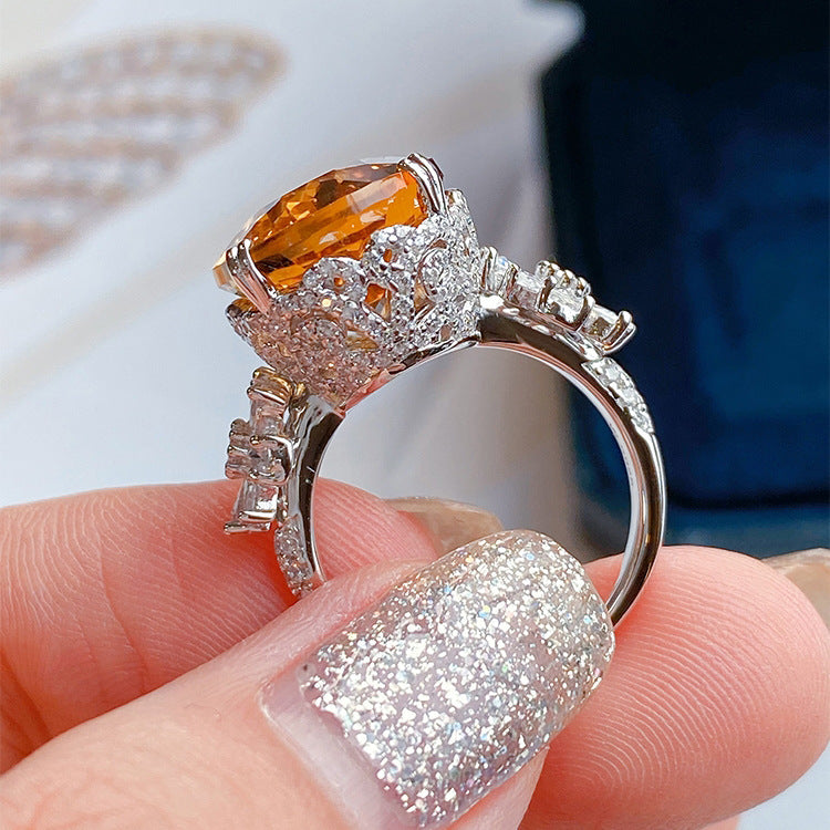 High-end Large Carat Zircon Simulation Citrine Full Diamond Ring For Women