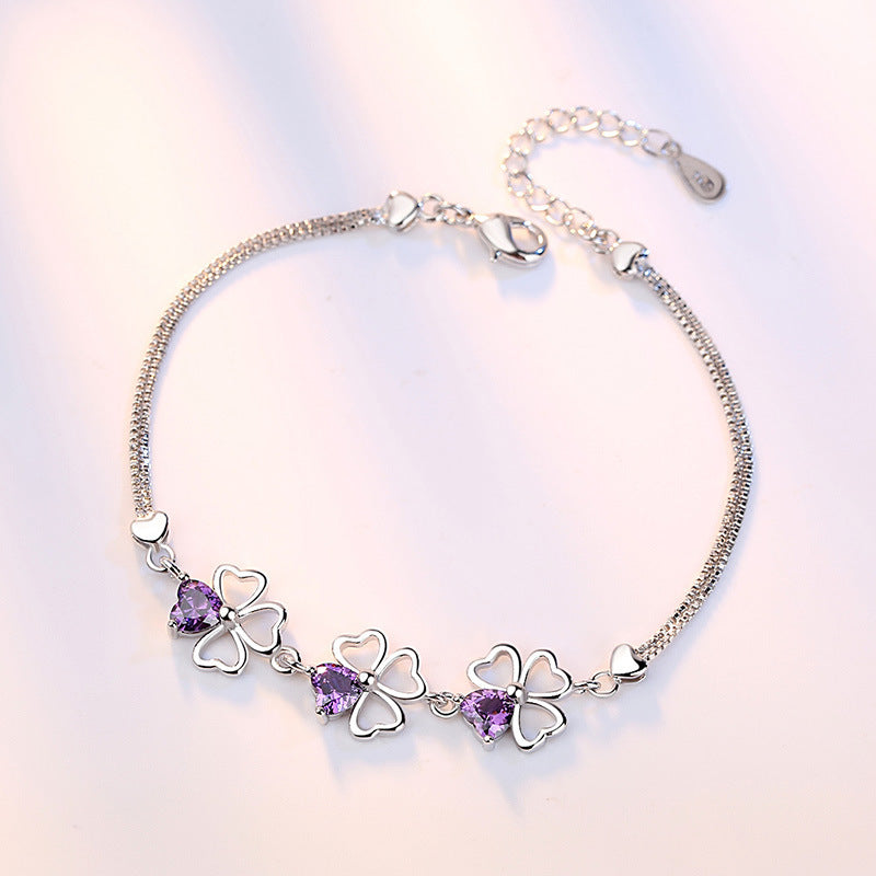 Amethyst Four Leaf Clover Women Bracelet