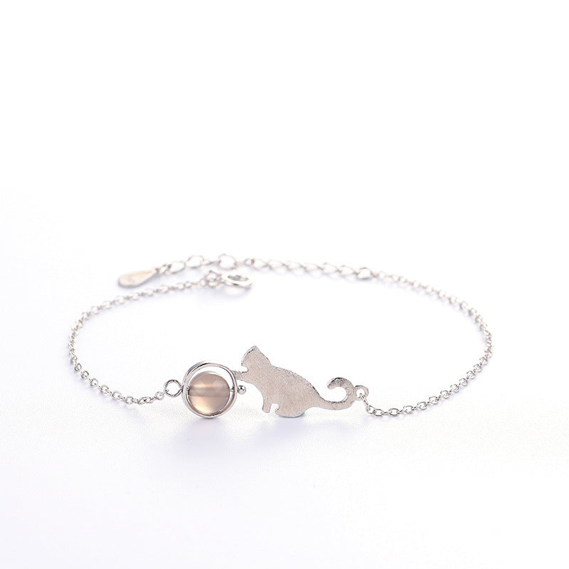 Simple Brushed Cat Moonstone Women Bracelet