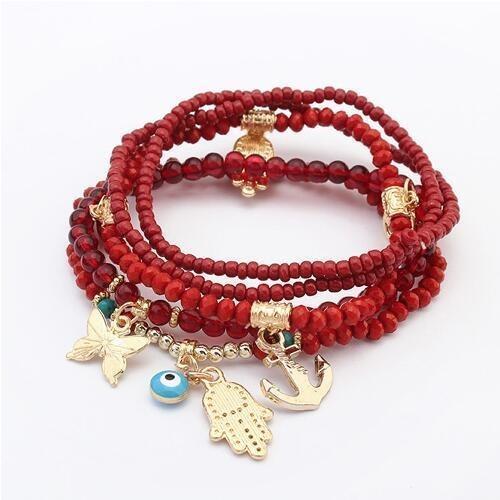 Lucky Kabbalah Hamsa Third Eye Butterfly Charm Multilayer Turkish Bead Bracelet