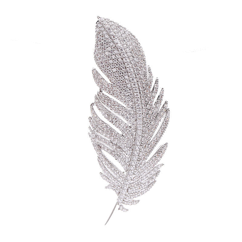 Micro-inlaid zircon feather brooch