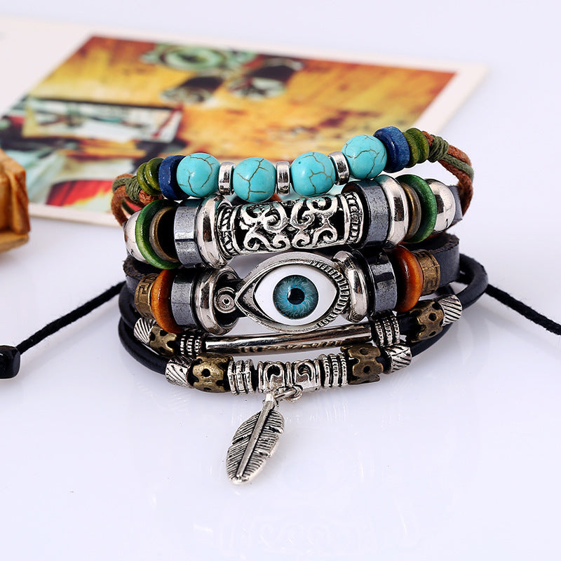 Ethnic style alloy feather Evil Eye leather turquoise bracelet