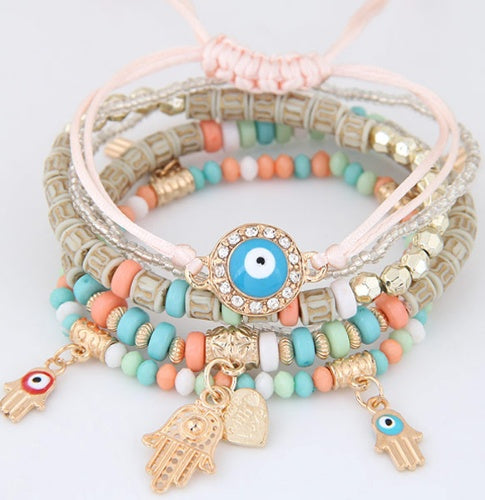 Kabbalah Fatima Hamsa Hand Blue Evil Eye Bracelets & Bangles Multilayer Beads Turkish Pulseras For Women