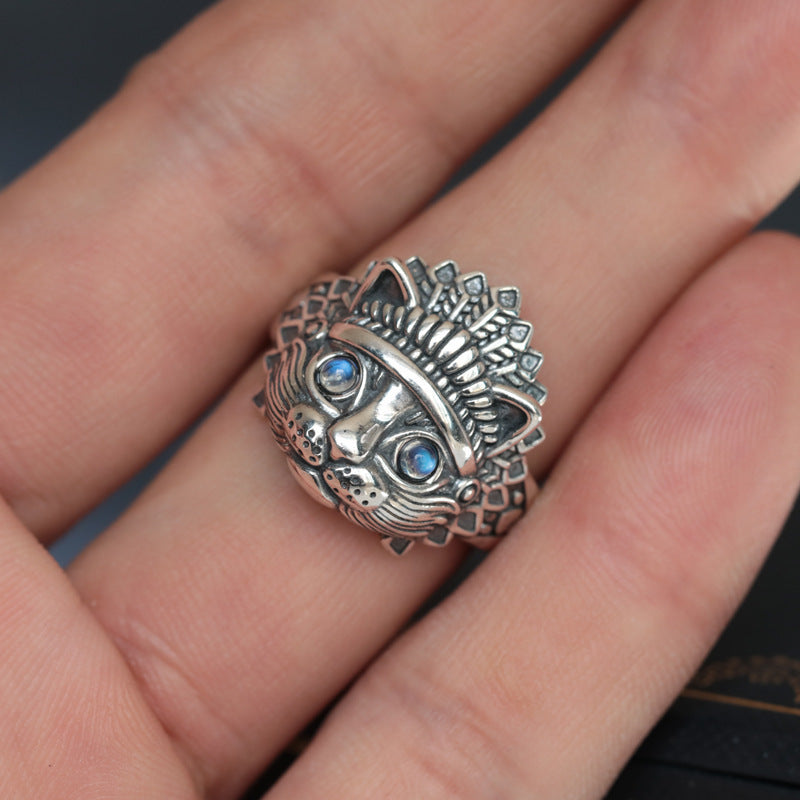 Men's Moonstone Indian Cat Vintage Ring