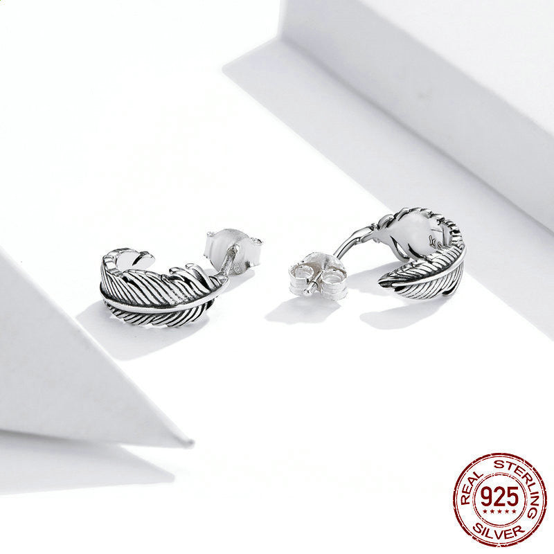 Simple line feather S925 silver women earrings