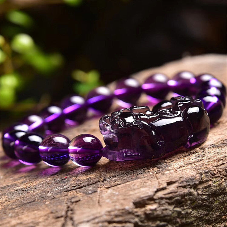 Amethyst Money Pixiu Round Bead Women Men Bracelet