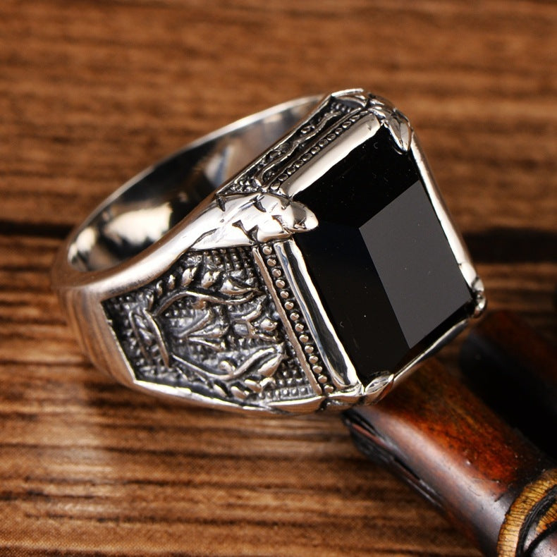 Sterling Silver 925 Jewelry Artificial Black Agate Men's Ring