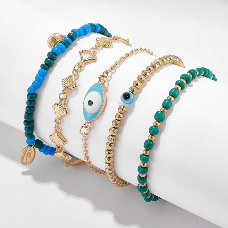 Rice Beads Evil Eye Scallop 5-piece Anklet