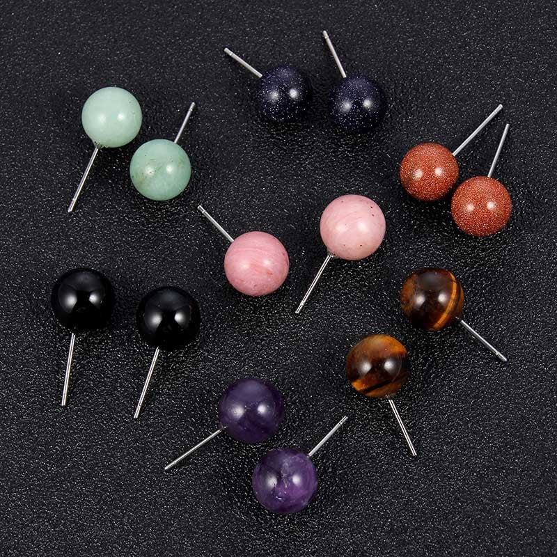 Round Natural Agate Stone Stud Women Earrings