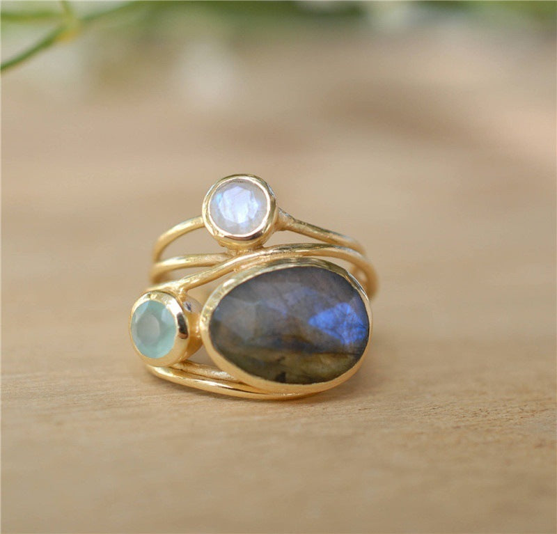 24k Yellow Gold Plated And Inlaid Colorful Moonstone Shell Women Ring