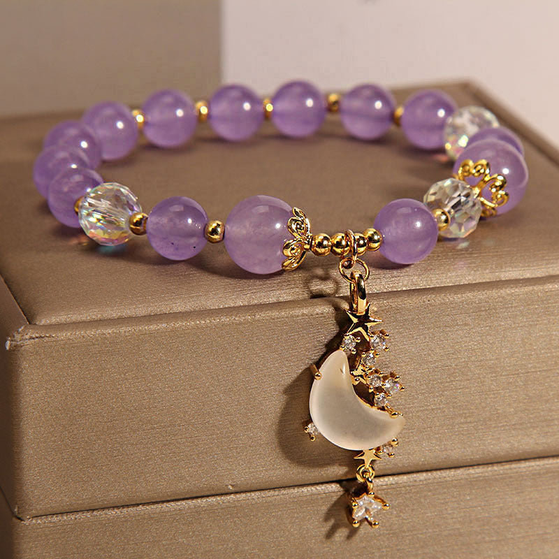 Chinese Style Amethyst Beaded Moon Bracelet For Women