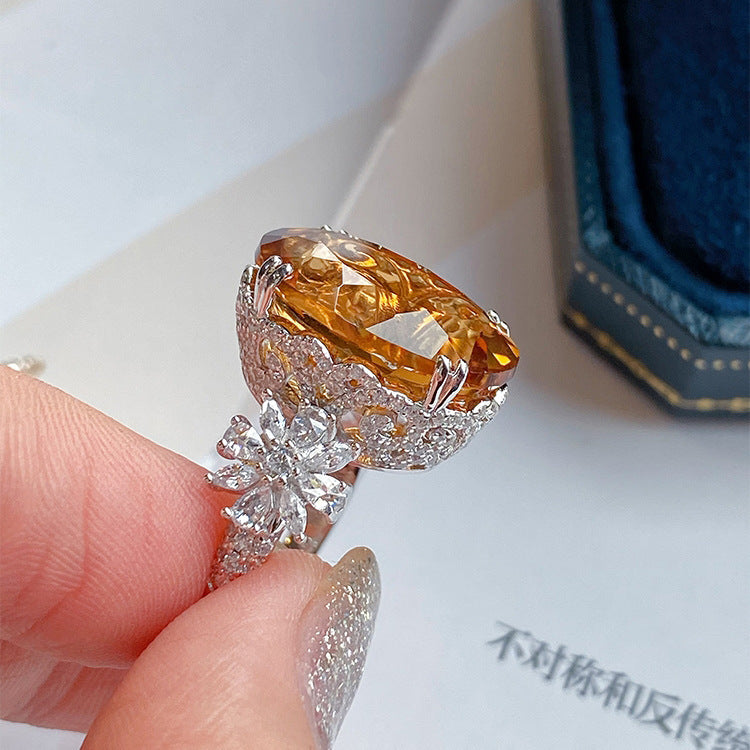 High-end Large Carat Zircon Simulation Citrine Full Diamond Ring For Women