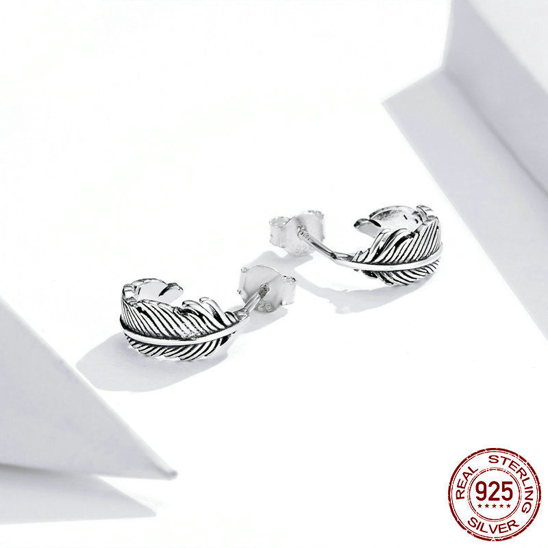 Simple line feather S925 silver women earrings