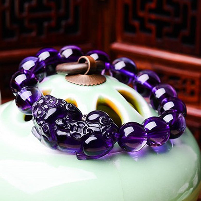 Amethyst Money Pixiu Round Bead Women Men Bracelet