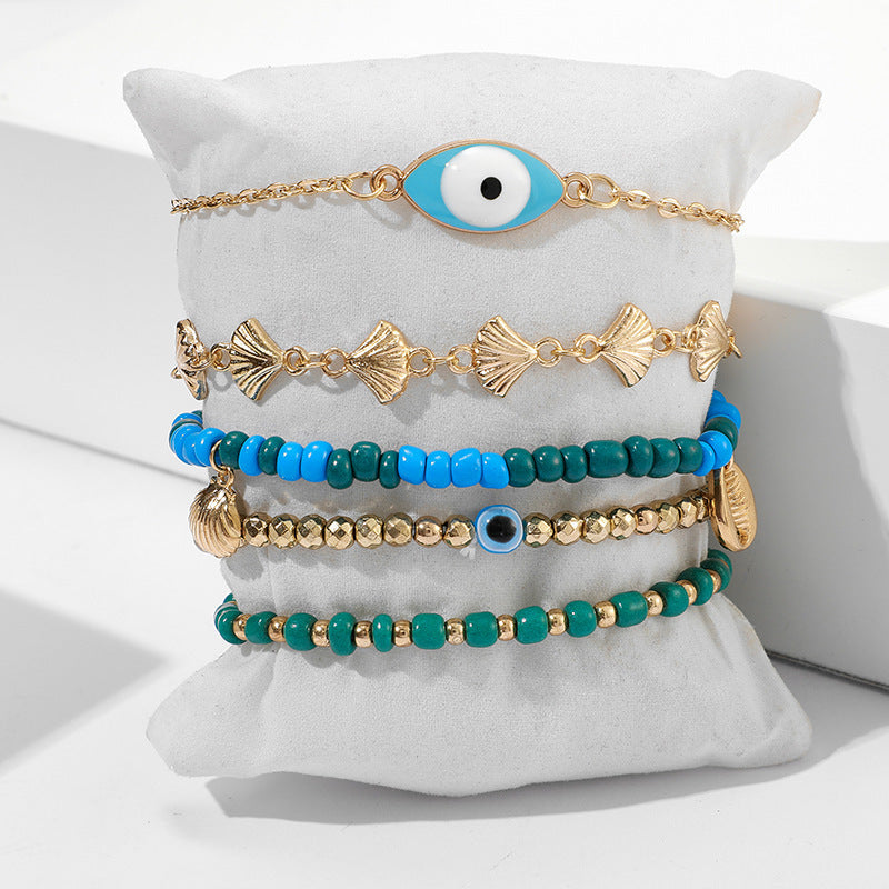 Rice Beads Evil Eye Scallop 5-piece Anklet