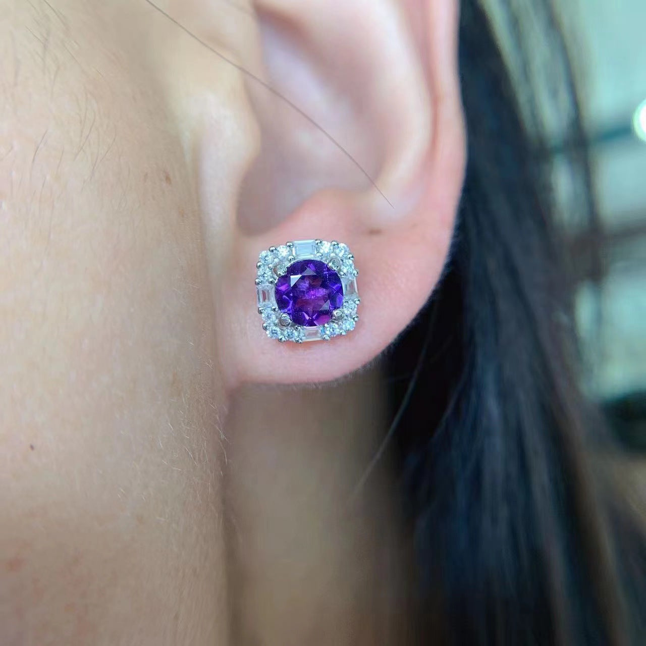 Simple 925 Silver Inlaid Amethyst Stud Women Earrings