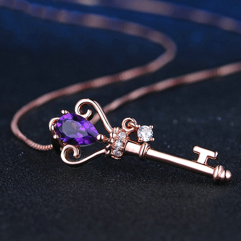 Silver Crown Key Pendant Necklace 0.4 Carat Amethyst Gemstone Jewelry Rose Gold Plated Chain