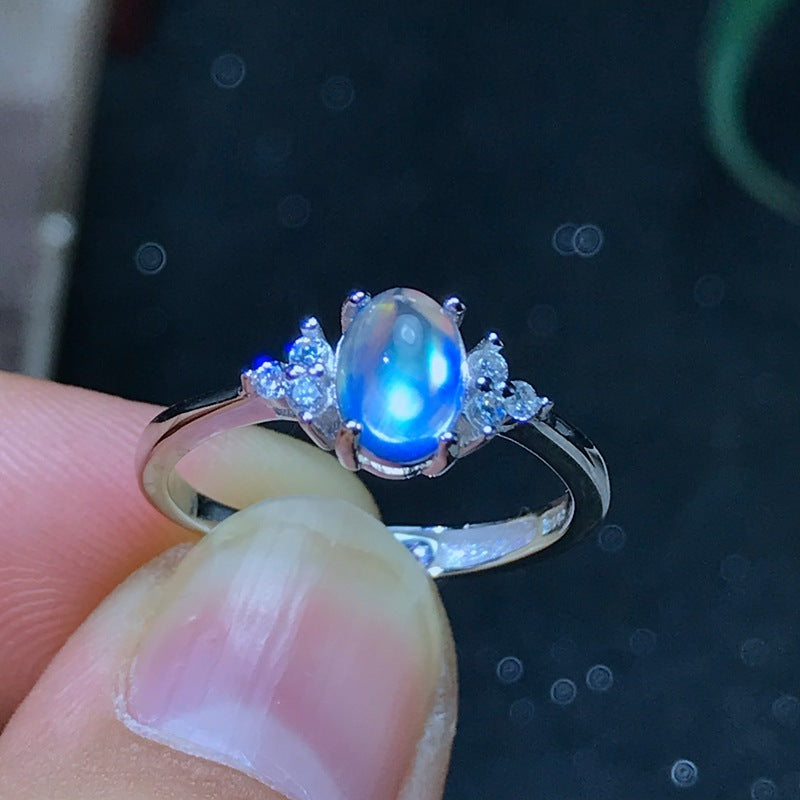 Inlaid Multi-carat Natural Blue Moonstone Women Ring Glass Quality