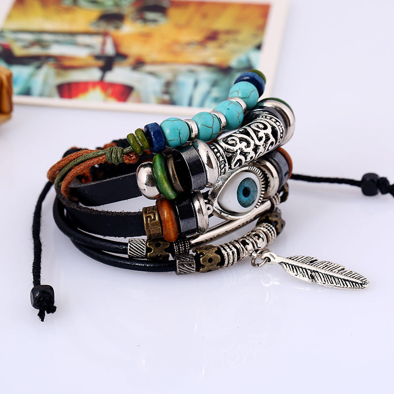 Ethnic style alloy feather Evil Eye leather turquoise bracelet