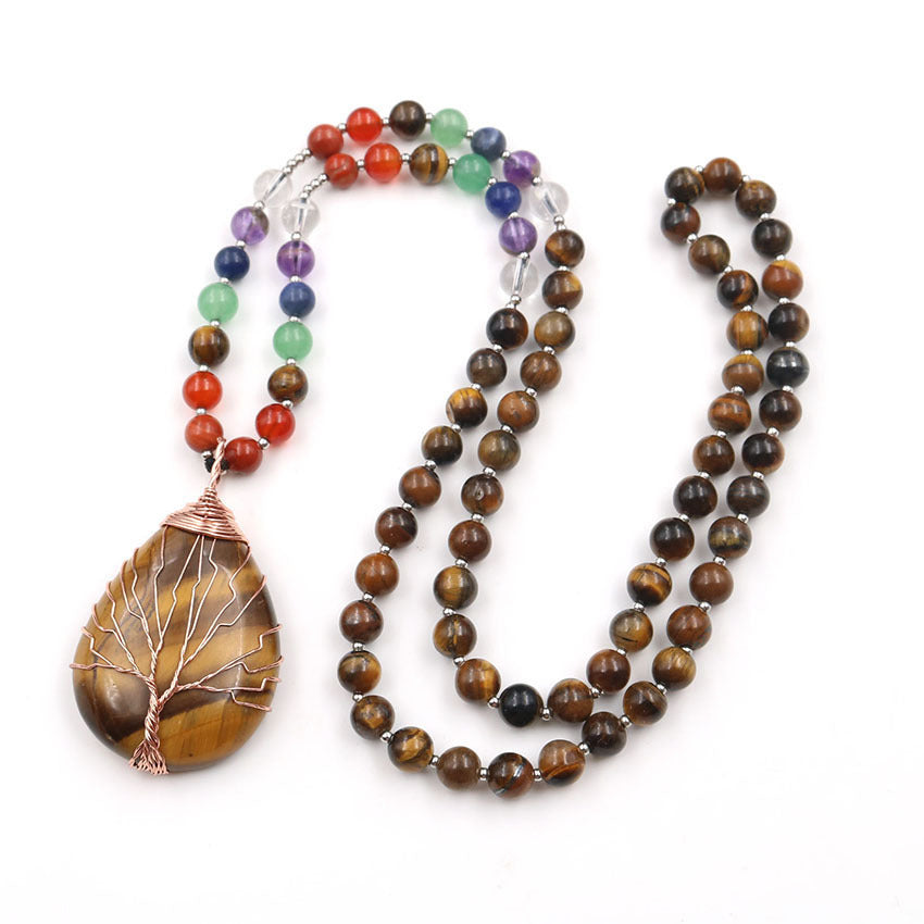 Natural Tigereye Rose Gold Winding Water Drop Tree Of Life Pendant Tiger Eye Round Beads women Sweater Chain Necklace