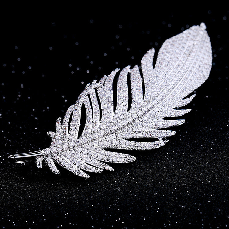 Micro-inlaid zircon feather brooch