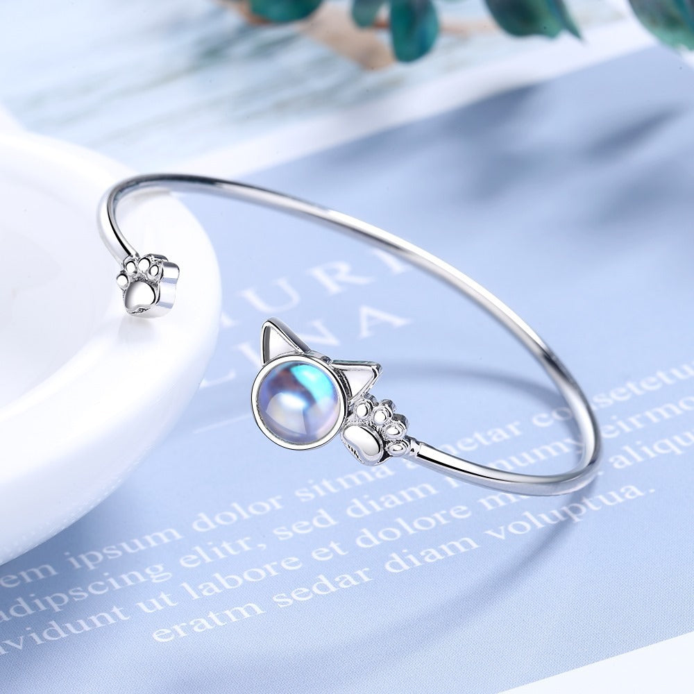 Sweet Cute Cat Paw Moonstone Women Bracelet