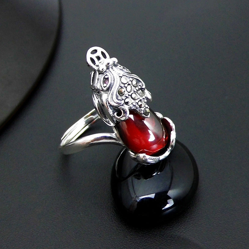 S925 Thai Silver Jewelry Red Pomegranate Agate Brave Personality Women Ring