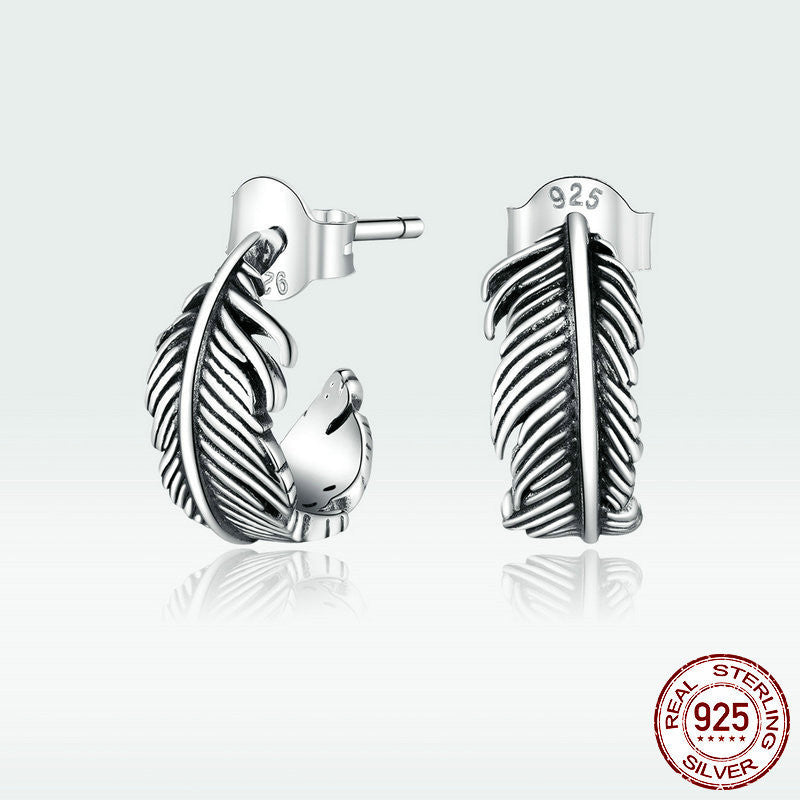 Simple line feather S925 silver women earrings