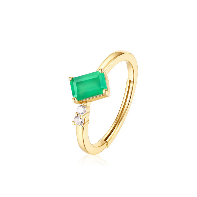 Sterling Silver Green Agate Square Ring Female 9K Gold Plated Women Ring