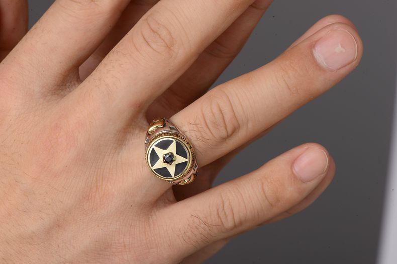 Five-pointed Star Thai Silver And Black Agate Men Ring