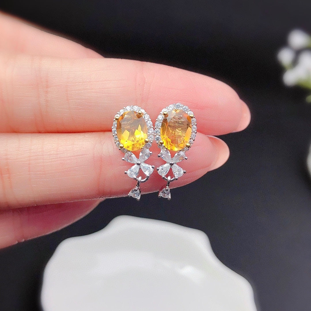 Natural Citrine Stud Earrings Women's Crystals Fully Purified