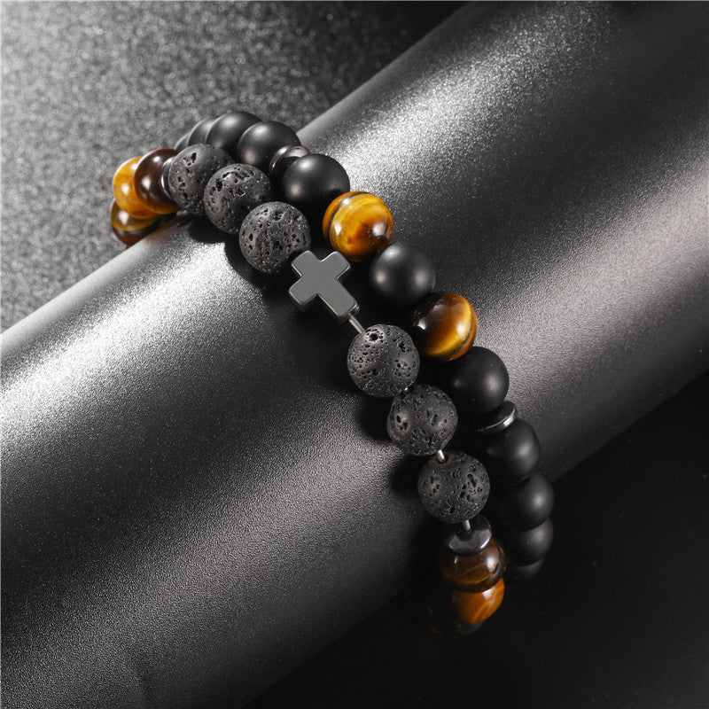 8mm Black Frosted Tigereye Cross Men Bracelet Set