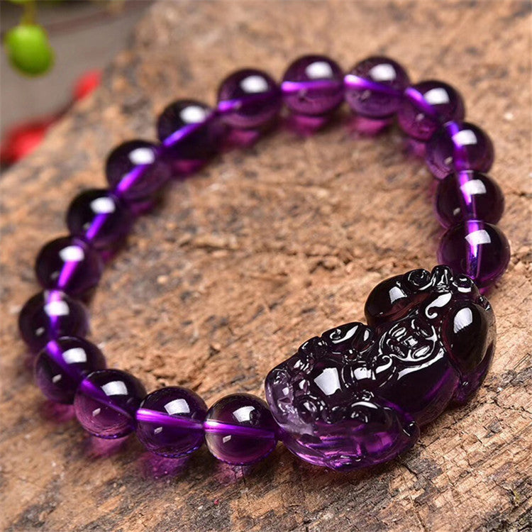 Amethyst Money Pixiu Round Bead Women Men Bracelet