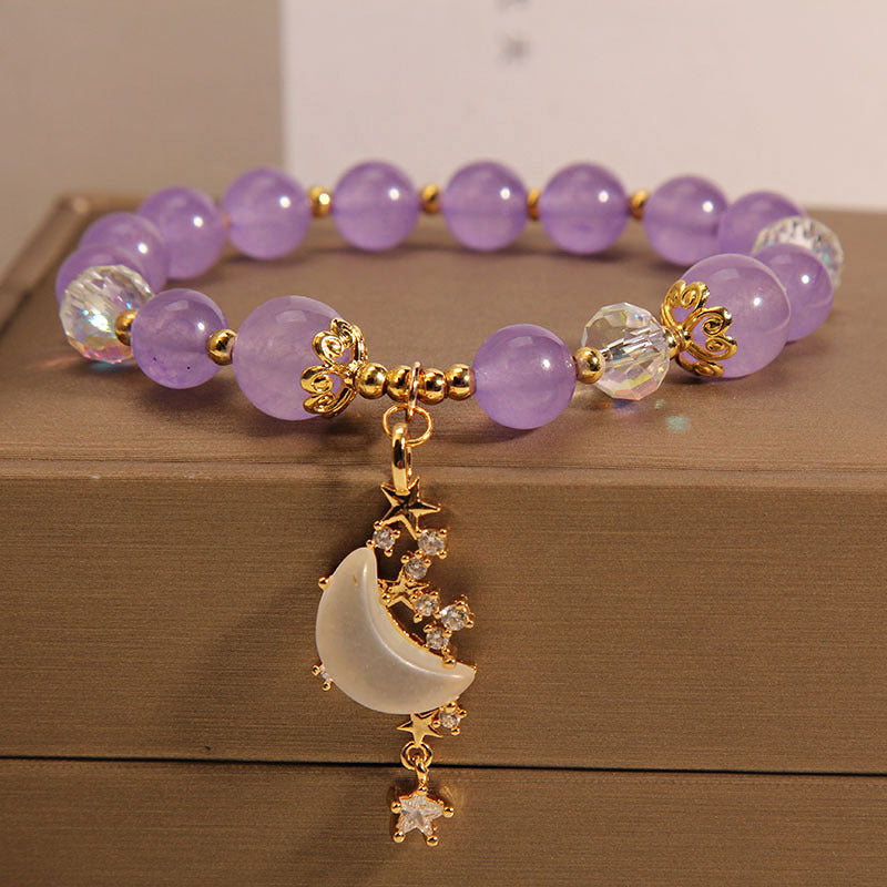 Chinese Style Amethyst Beaded Moon Bracelet For Women