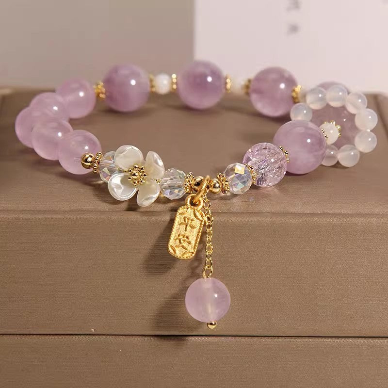 Lavander Purple Chalcedony Crystal Single Circle Women's White Agate Blue Flower Bracelet