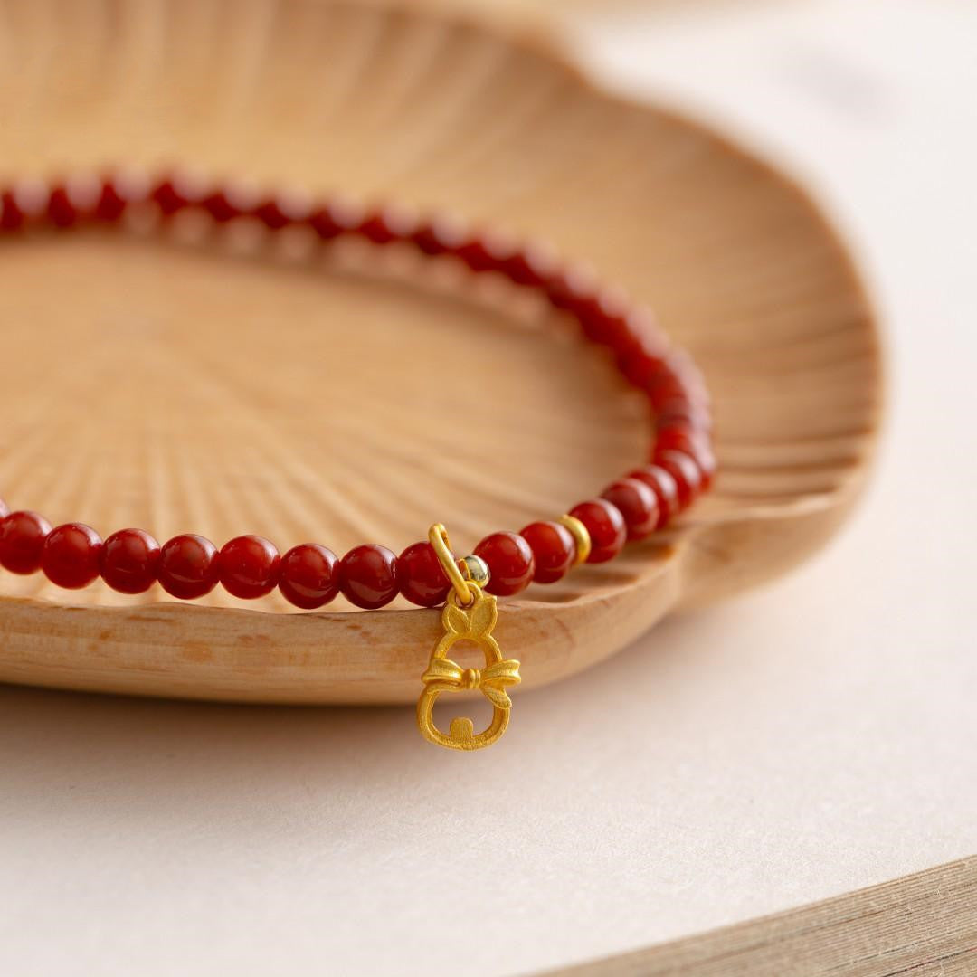 Natural Single Circle Agate String With Rabbit Pendant Women Bracelet