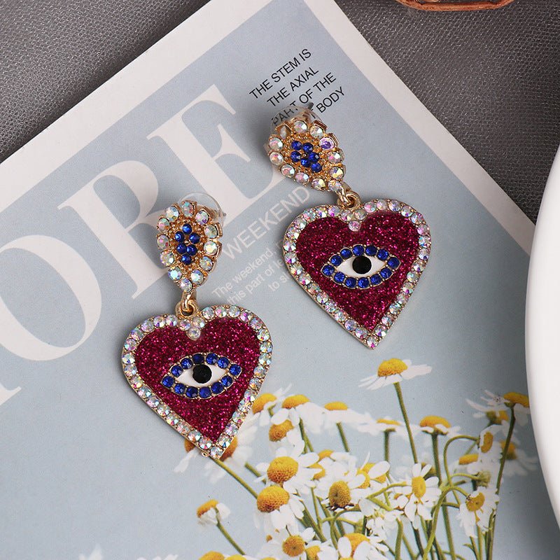 New Jewelry Fashion Temperament Heart-Shaped Stud Earrings Creative Diamond Gemstone Eye Earrings