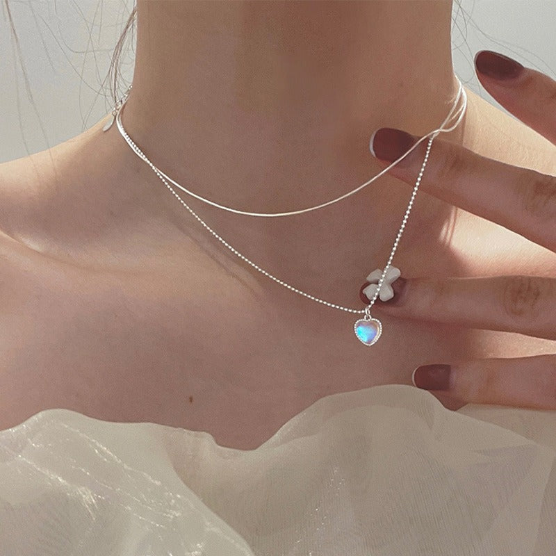 Double Design Love Moonstone Necklace Women's Sweet Gemstone Heart-Shaped Collarbone Necklace