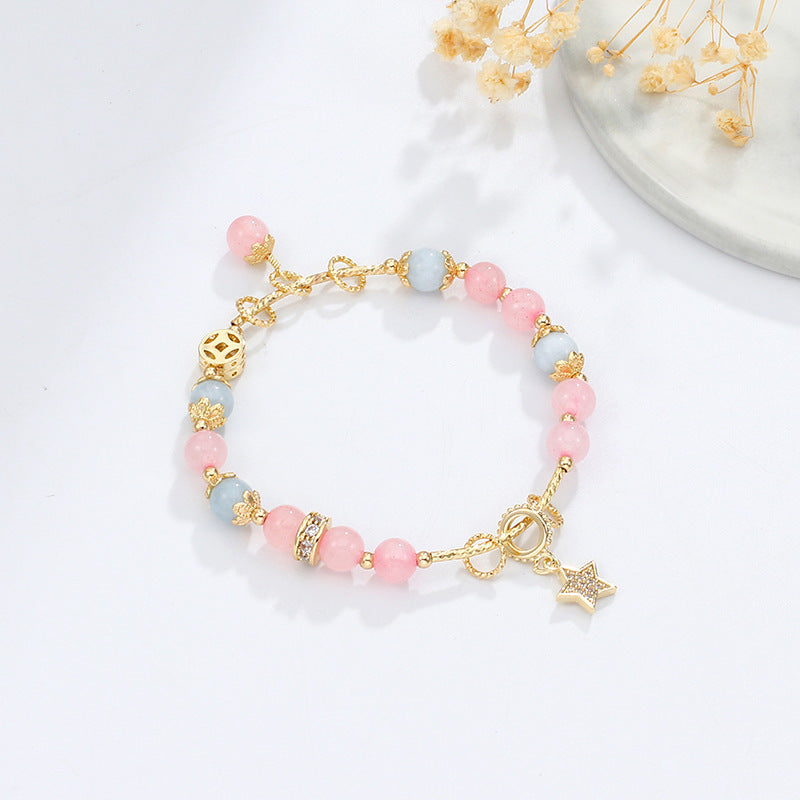 Rose Quartz Peach Pollen Crystal Women Bracelet With Stars